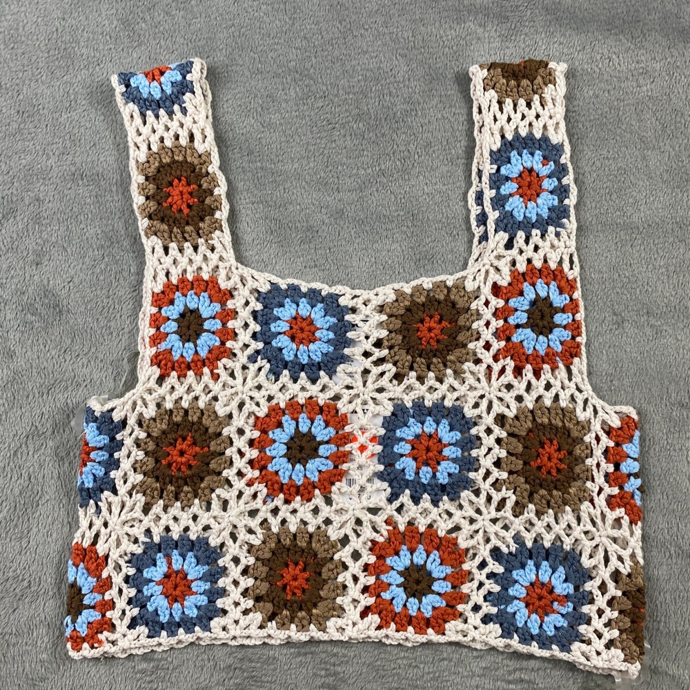 RSQ Crochet Tank Top Womens XS Multi‎ Granny Square Boho Sleeveless Festive